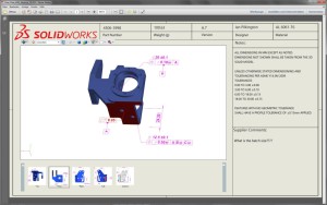 So sieht ein Beispieldokument aus SolidWorks MBD aus: Mit Firmenlogo, der Ansichtenauswahl unten und Zusatzinfos rechts.